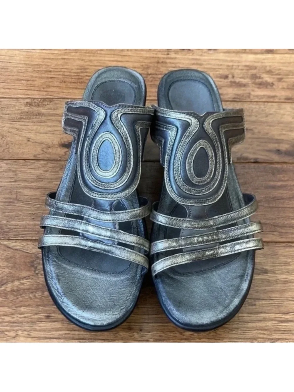 Naot Metallic Pewter Platform Wedge Slide Sandals Comfort Size 41